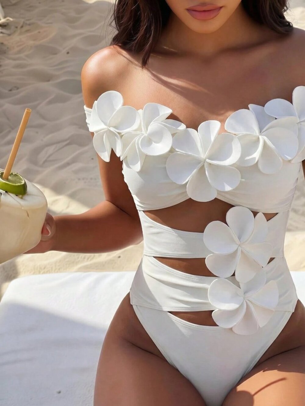 White Elegant Women's Beach 3D Floral Off-Shoulder Strapless Ruched Swimsuit